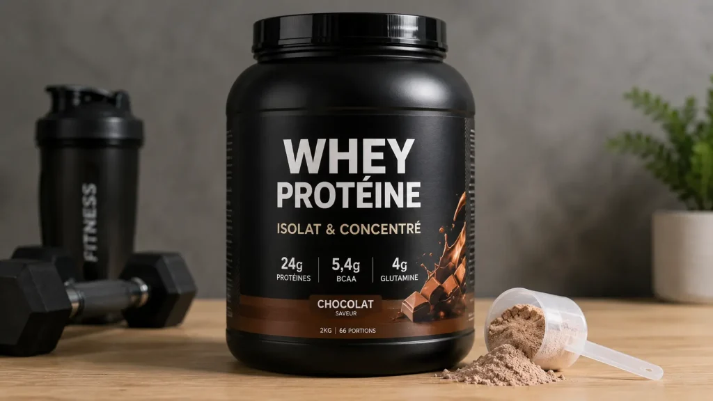 Pot de whey protéine en poudre utilisé pour favoriser l'apport en protéines après le sport