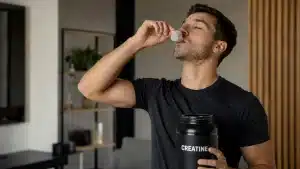 Homme prenant une dose de créatine monohydrate avant son entraînement