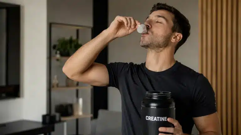 Homme prenant une dose de créatine monohydrate avant son entraînement