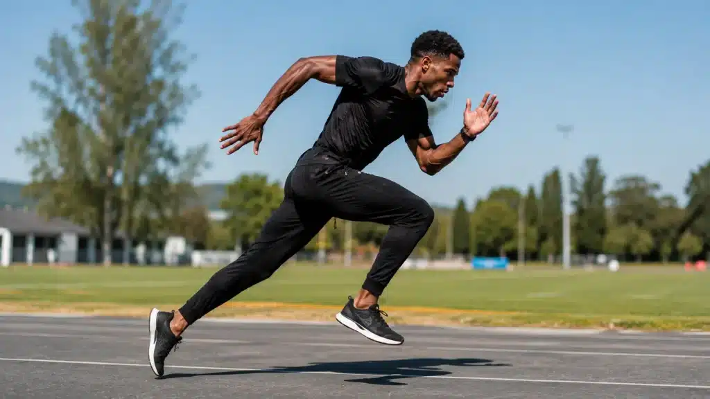 Homme réalisant un sprint à haute intensité sur une piste d'athlétisme pour stimuler naturellement la testostérone