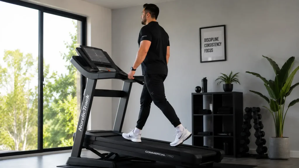 Personne marchant sur un tapis de course incliné pour augmenter la dépense calorique et perdre du ventre.