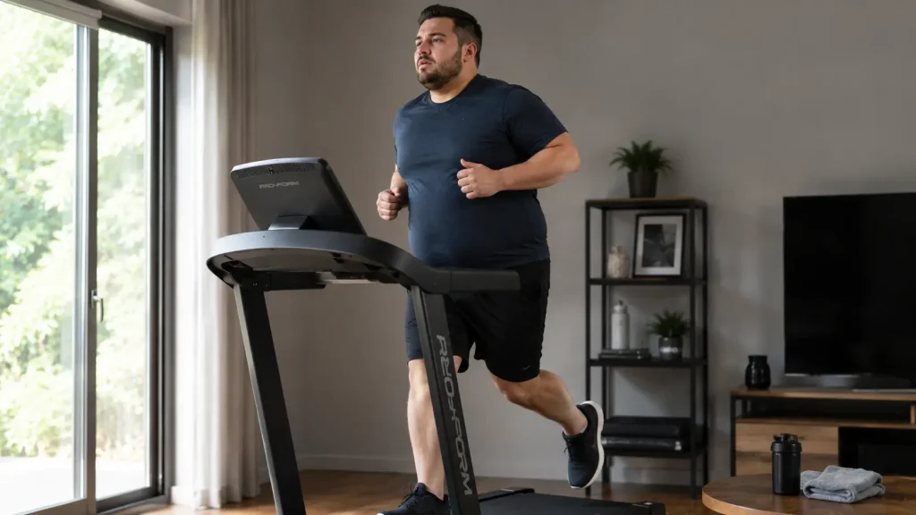 Personne en surpoids courant sur un tapis de course dans le cadre d'un objectif de perte de ventre.