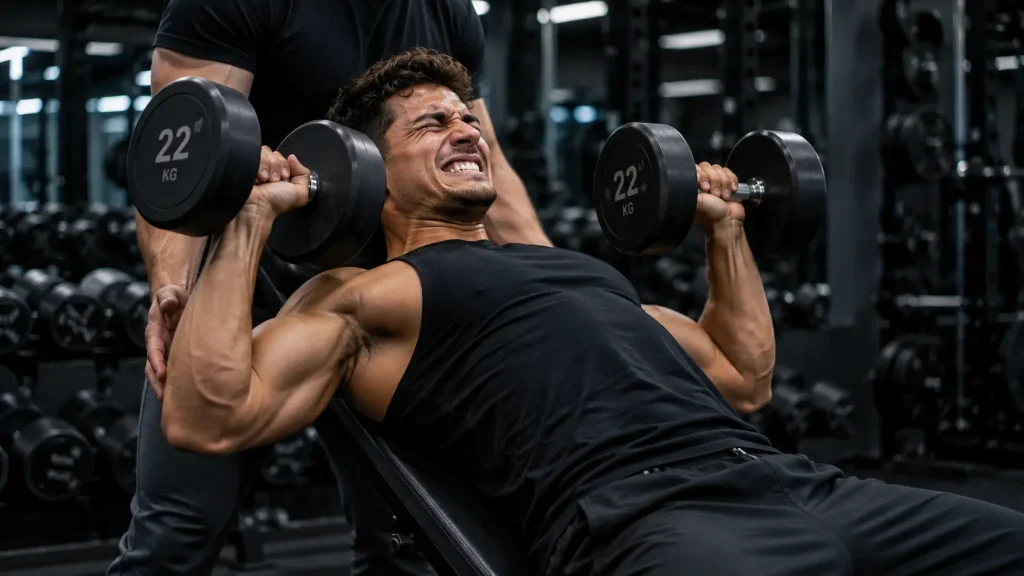 Pratiquant de musculation atteignant l'échec musculaire lors d'une série avec haltères