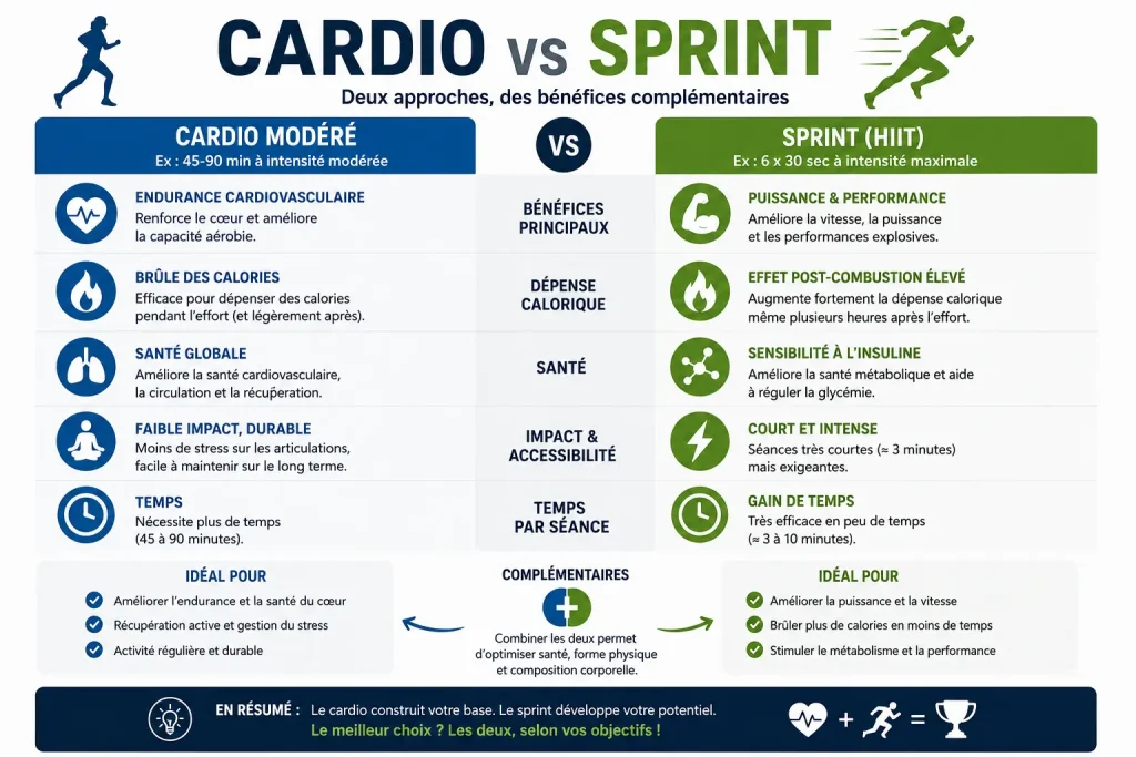 Infographie comparant les bienfaits du sprint et du cardio modéré sur la santé et les performances