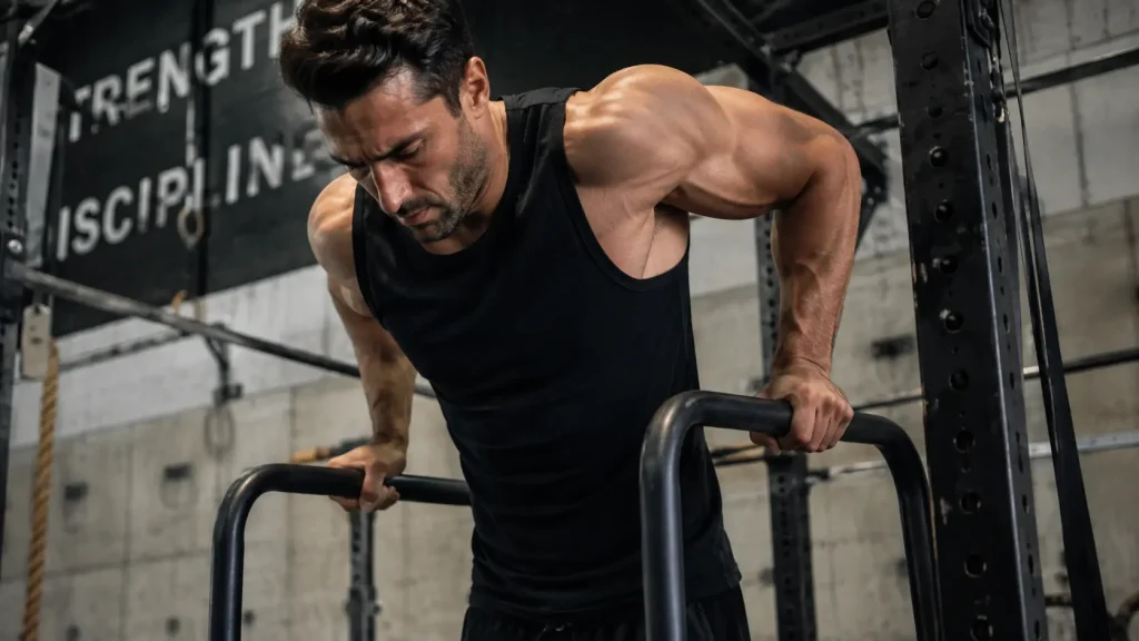 Homme réalisant des dips sur barres parallèles pour muscler les pectoraux et les triceps