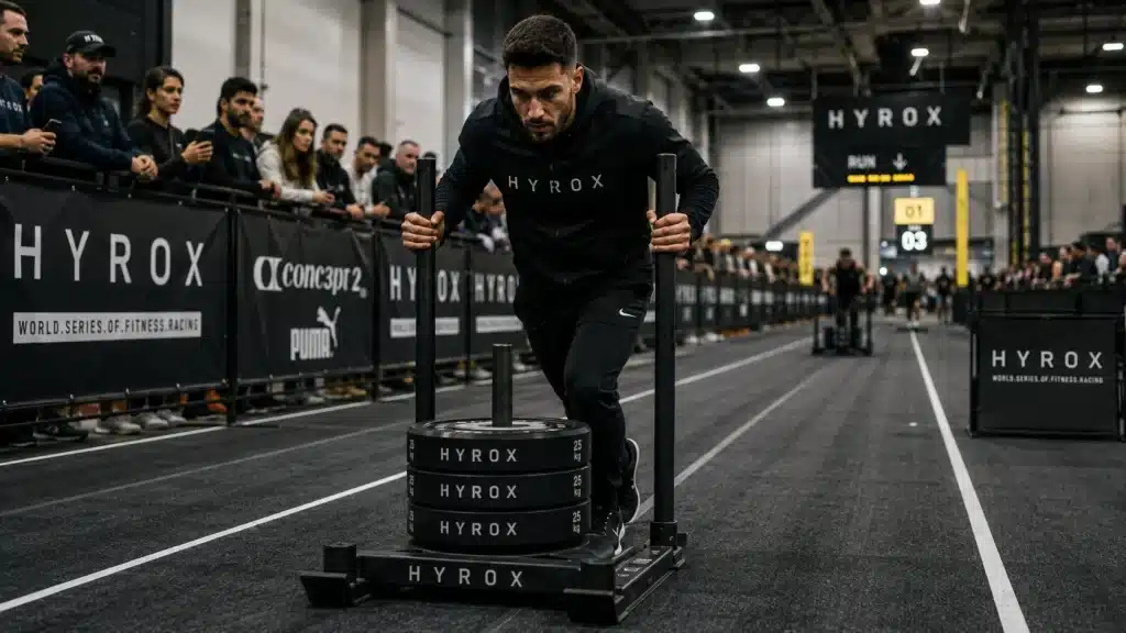 Athlète en survêtement poussant un sled lors d’un entraînement HYROX