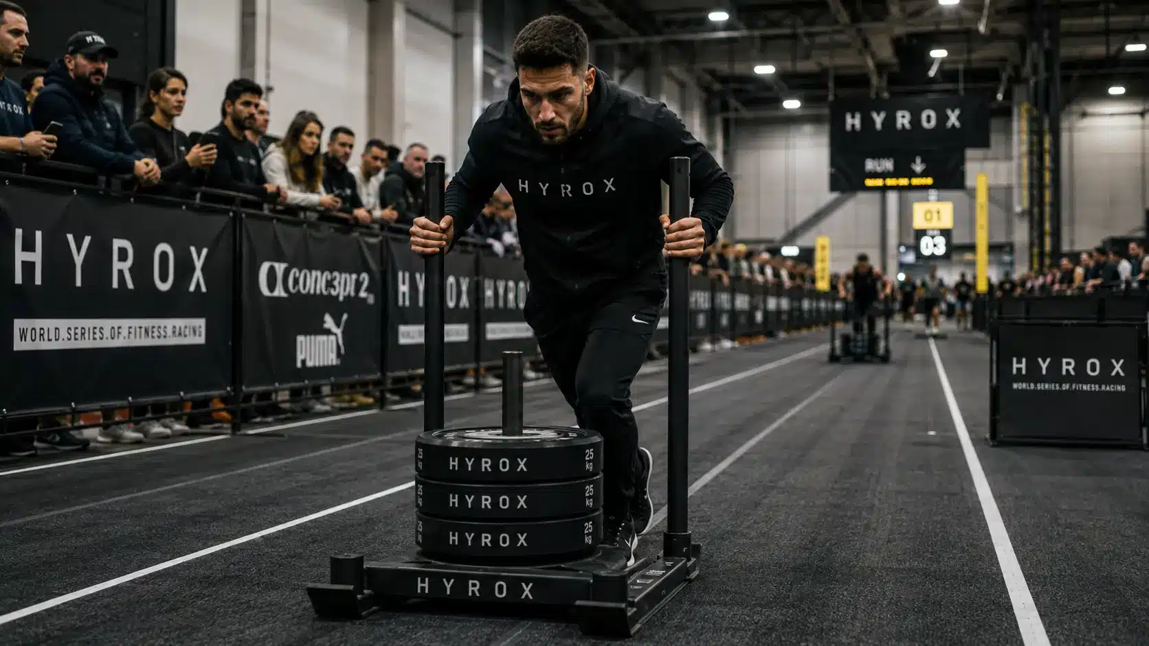 Athlète en survêtement poussant un sled lors d’un entraînement HYROX