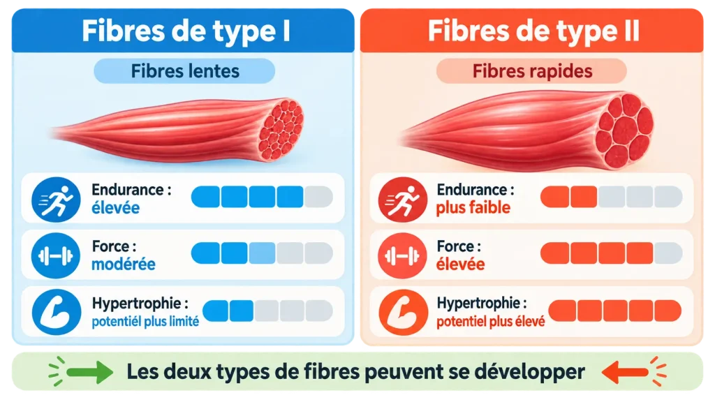Comparaison des fibres musculaires lentes de type I et rapides de type II
