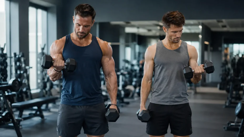 Deux hommes suivant le même entraînement avec un développement musculaire différent