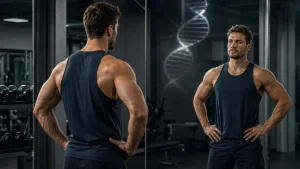 Homme musclé observant son physique avec une double hélice d’ADN en arrière-plan