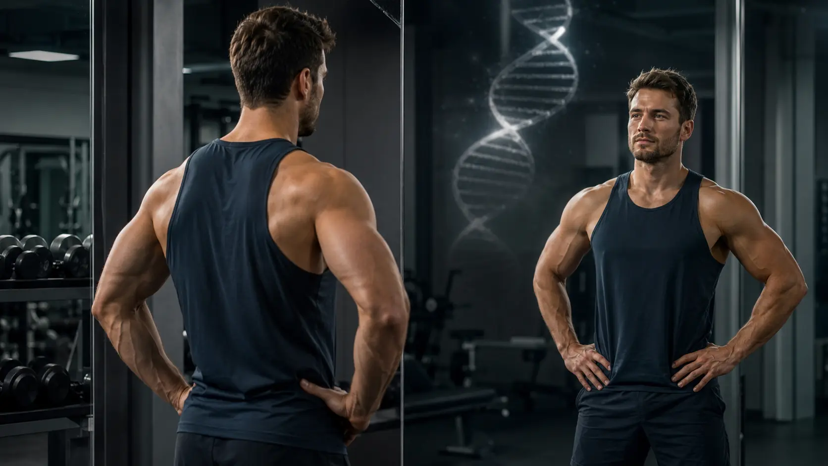Homme musclé observant son physique avec une double hélice d’ADN en arrière-plan