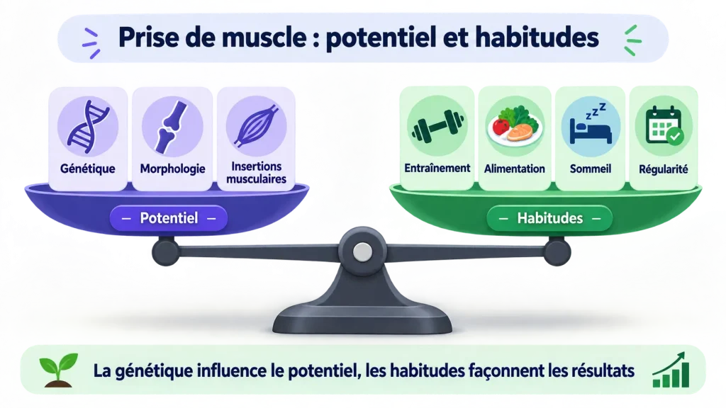 Balance entre génétique, morphologie et habitudes favorisant la prise de muscle