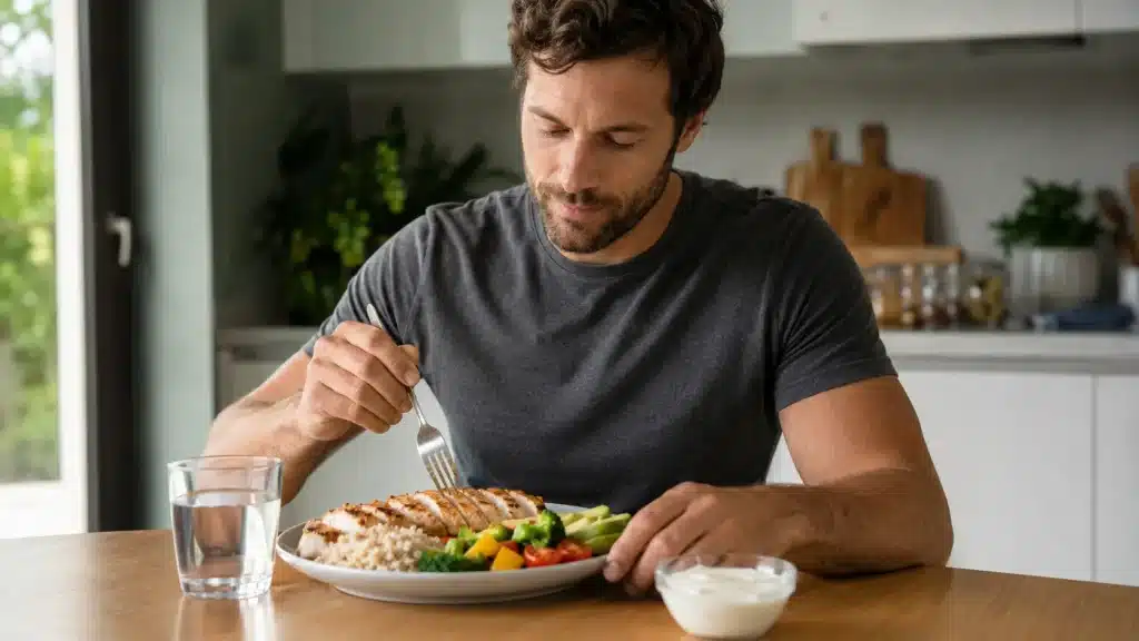 Repas équilibré riche en protéines et en calories adapté à la reprise de la musculation