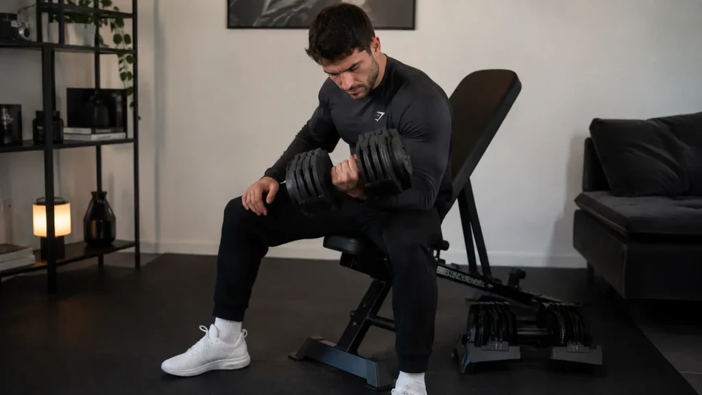 Homme réalisant une séance de musculation avec des haltères réglables dans une salle de sport à domicile