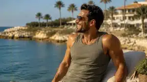 Homme musclé en vacances pendant une pause dans son entraînement