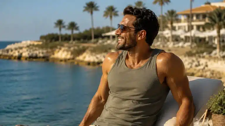 Homme musclé en vacances pendant une pause dans son entraînement