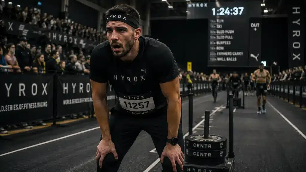 Athlète essoufflé pendant une épreuve HYROX après un effort intense