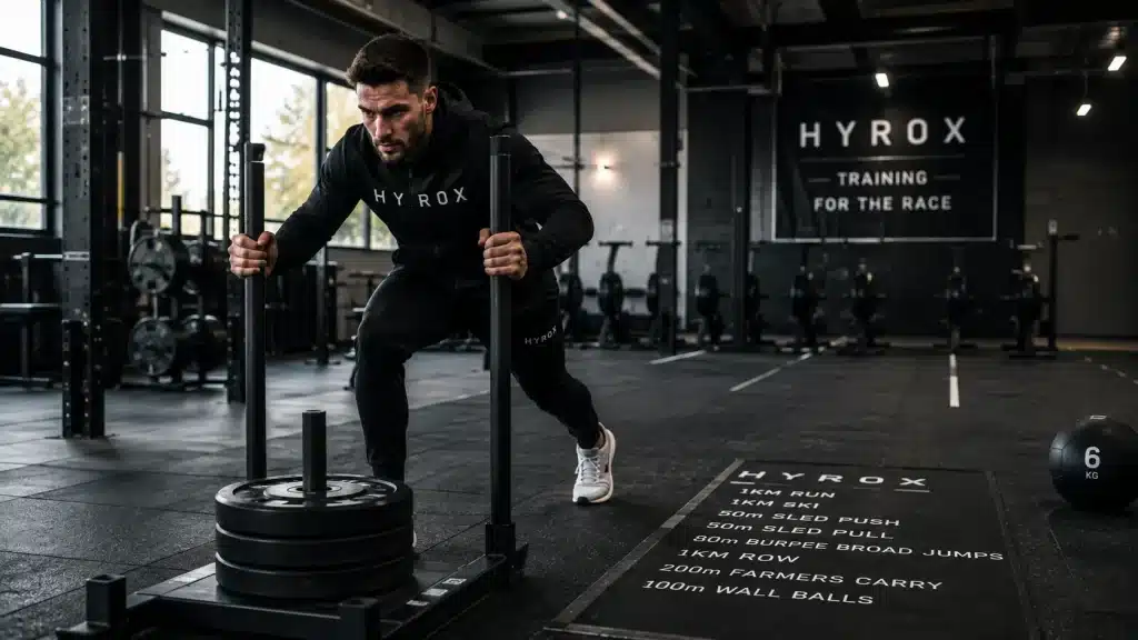 Homme s’entraînant au sled push pour préparer une compétition HYROX