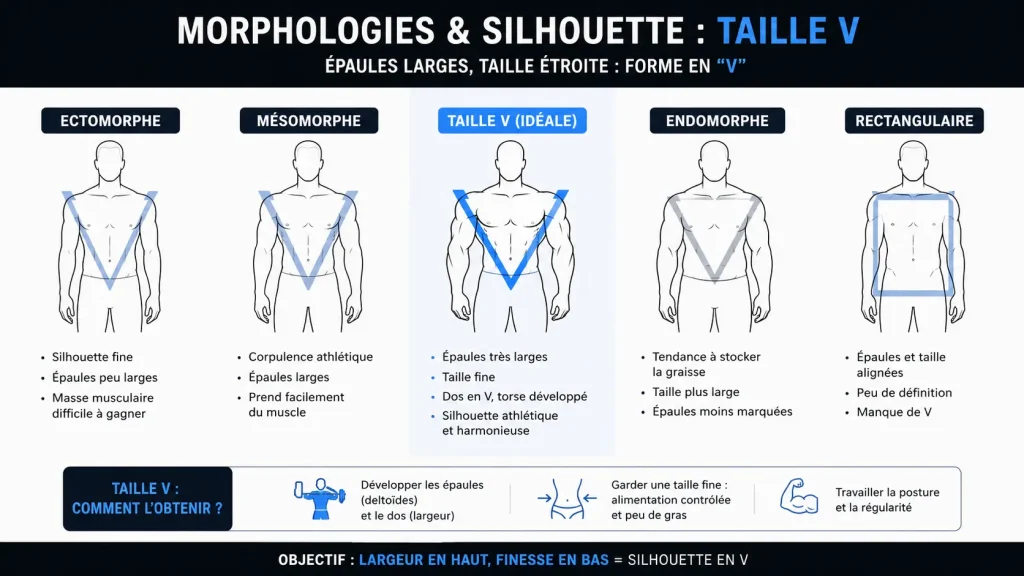 Infographie des morphologies masculines et de la silhouette en V avec épaules larges et taille fine