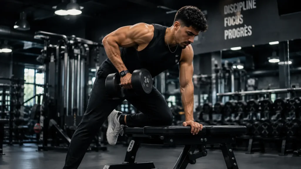 Homme effectuant un exercice de musculation avec haltère pour développer sa masse musculaire