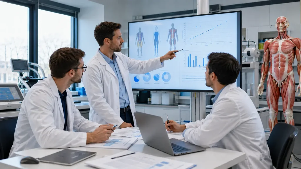 Scientifiques analysant les effets de la recomposition corporelle en laboratoire