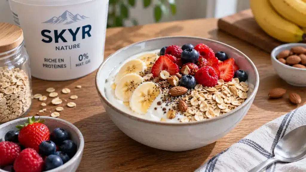 Bowl de skyr avec flocons d’avoine et fruits rouges
