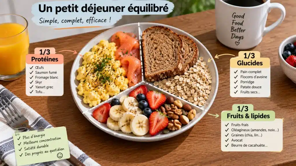 Exemple de petit-déjeuner équilibré avec protéines, glucides, fruits et lipides