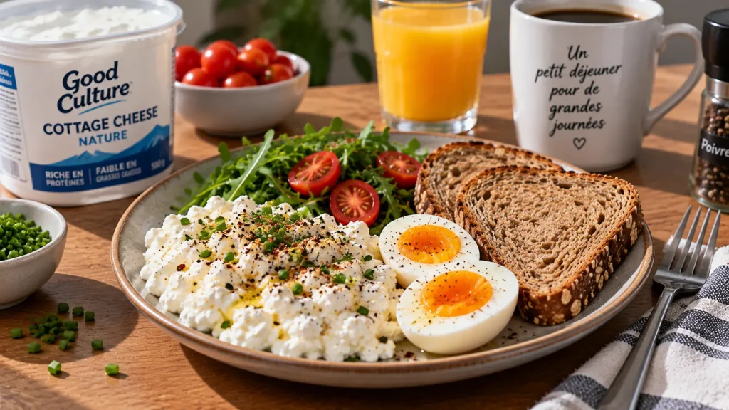 Cottage cheese avec œufs et pain complet