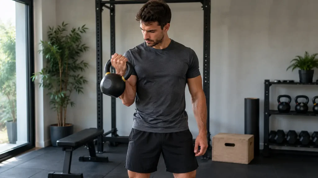 Homme faisant un curl kettlebell pendant une séance de sport à domicile