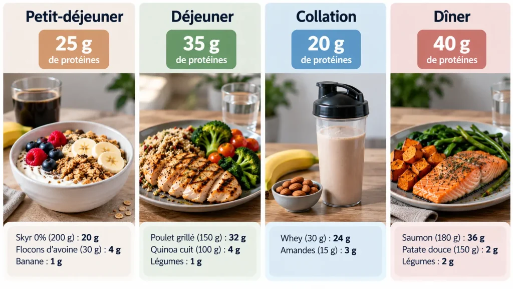 Répartition des protéines sur quatre repas avec petit-déjeuner, déjeuner, collation et dîner