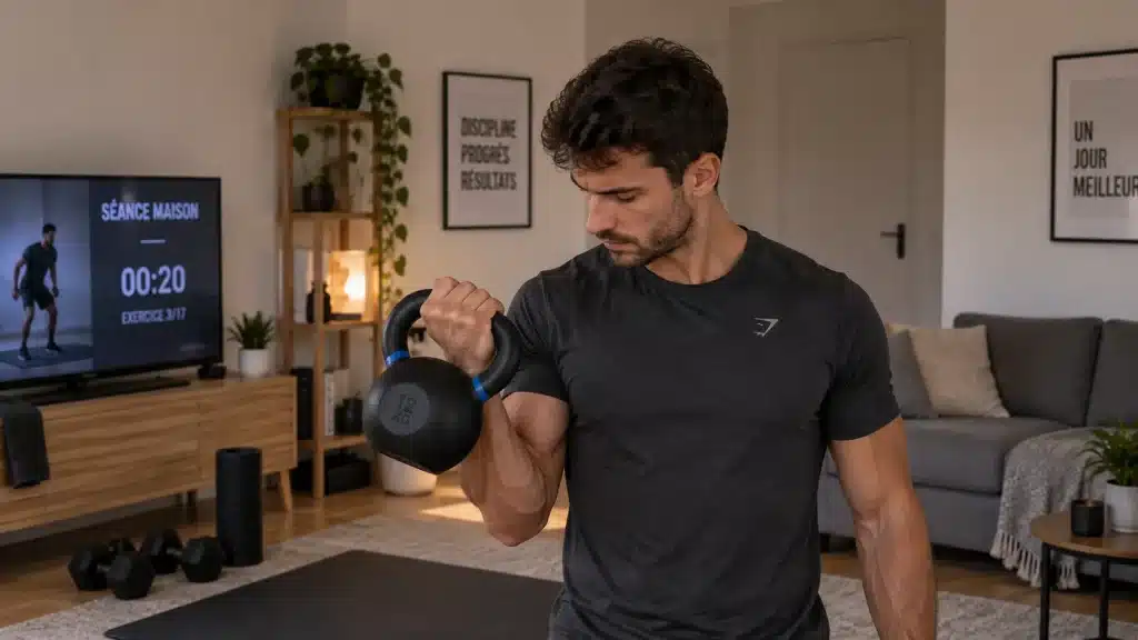 Homme réalisant un curl avec kettlebell à domicile
