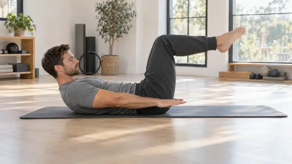 Homme en survêtement pratiquant le Pilates sur un tapis, jambes relevées et genoux fléchis