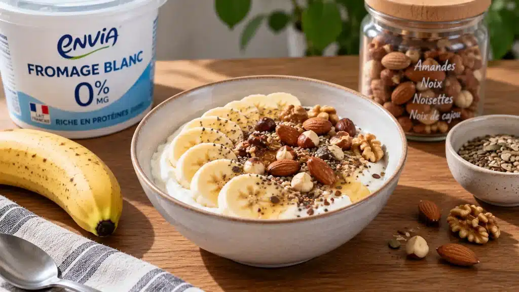 Fromage blanc avec banane, amandes, noix et noisettes