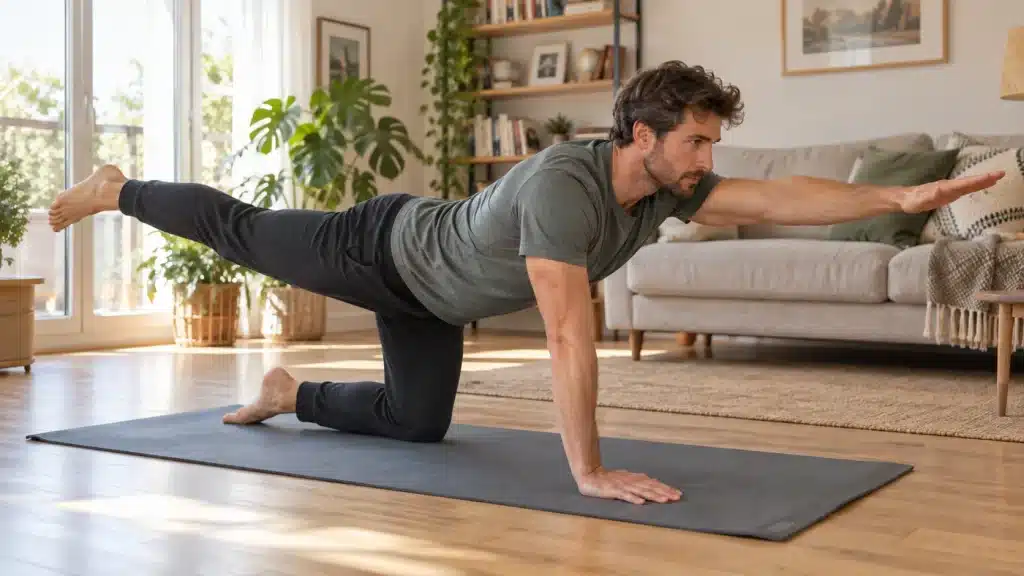 Homme pratiquant le Pilates dans son salon, un bras et la jambe opposée tendus sur un tapis