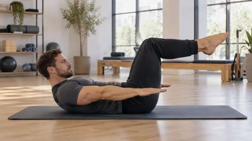 Homme musclé en survêtement pratiquant le Pilates sur un tapis, jambes relevées et bras tendus
