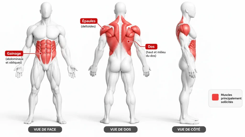 Muscles des épaules, du dos et des abdominaux sollicités pendant l’entraînement