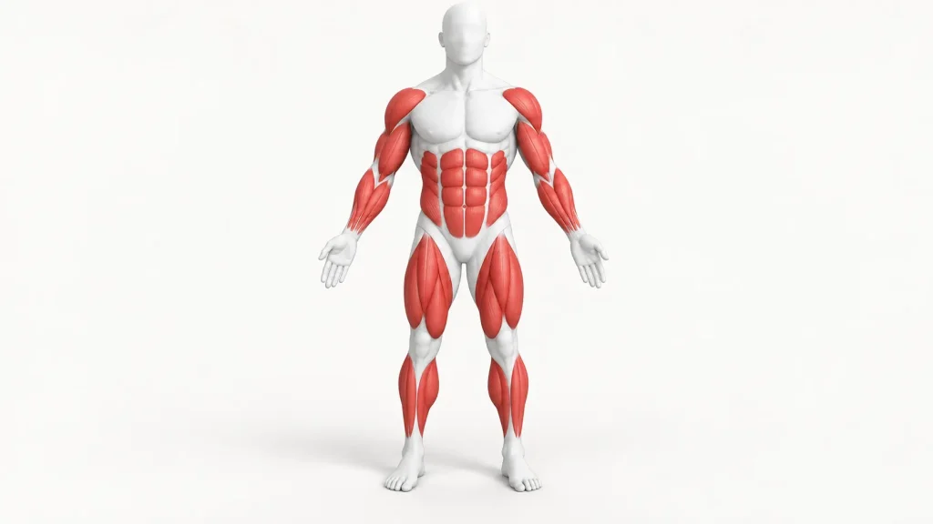 Mannequin blanc montrant en rouge les muscles des bras, des épaules, des abdominaux et des jambes sollicités au Pilates