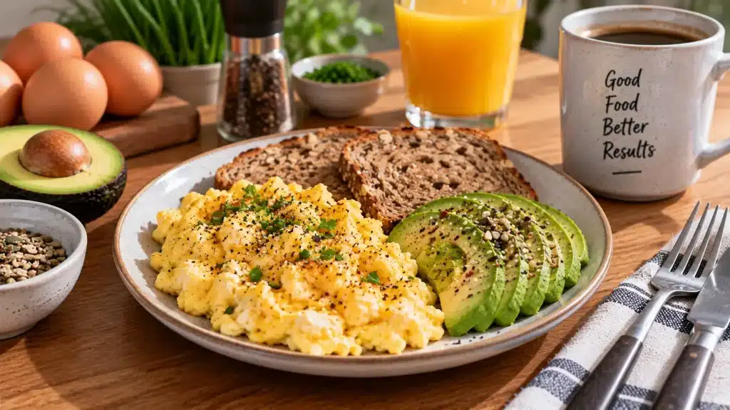 Œufs brouillés avec avocat et pain complet