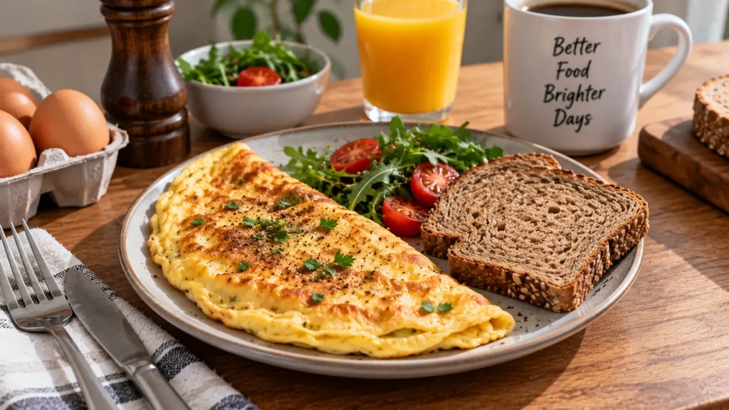 Omelette accompagnée de pain complet pour un petit-déjeuner protéiné