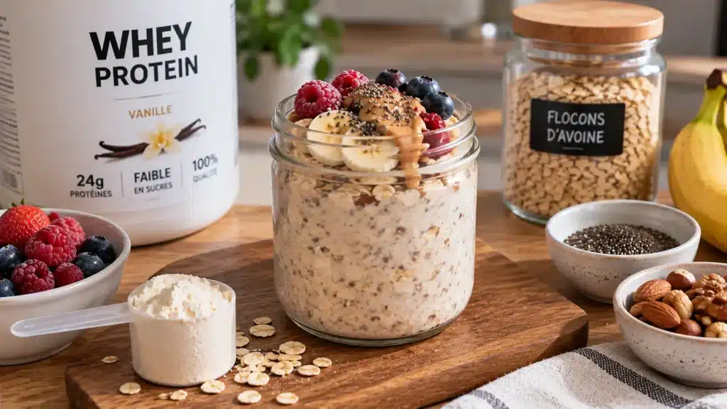 Overnight oats protéinés avec fruits rouges et banane