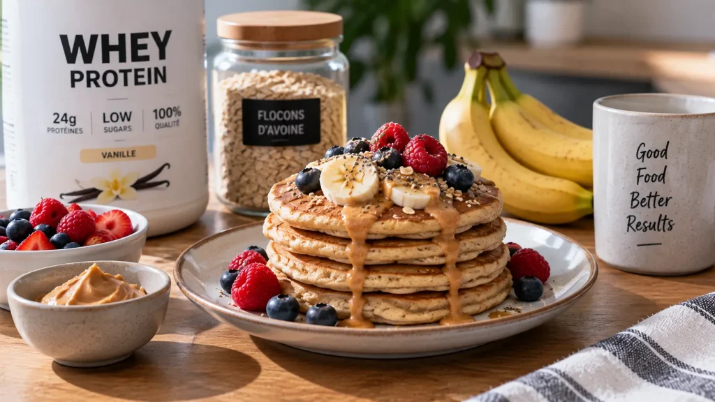 Pancakes protéinés avec banane et fruits rouges