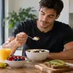 Homme prenant un petit-déjeuner équilibré et riche en protéines