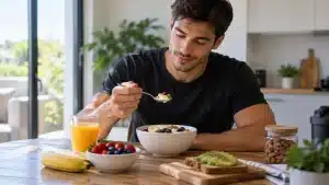 Homme prenant un petit-déjeuner équilibré et riche en protéines