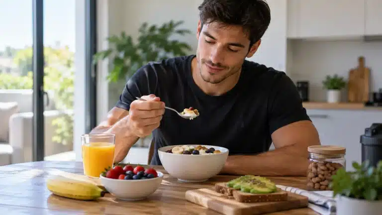 Homme prenant un petit-déjeuner équilibré et riche en protéines