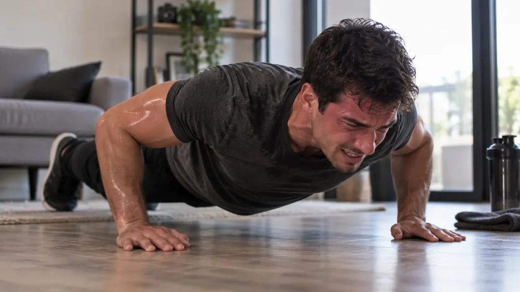 Homme fournissant un effort intense pendant une série de pompes