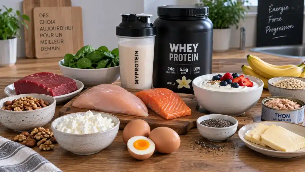 Aliments riches en protéines disposés sur une table