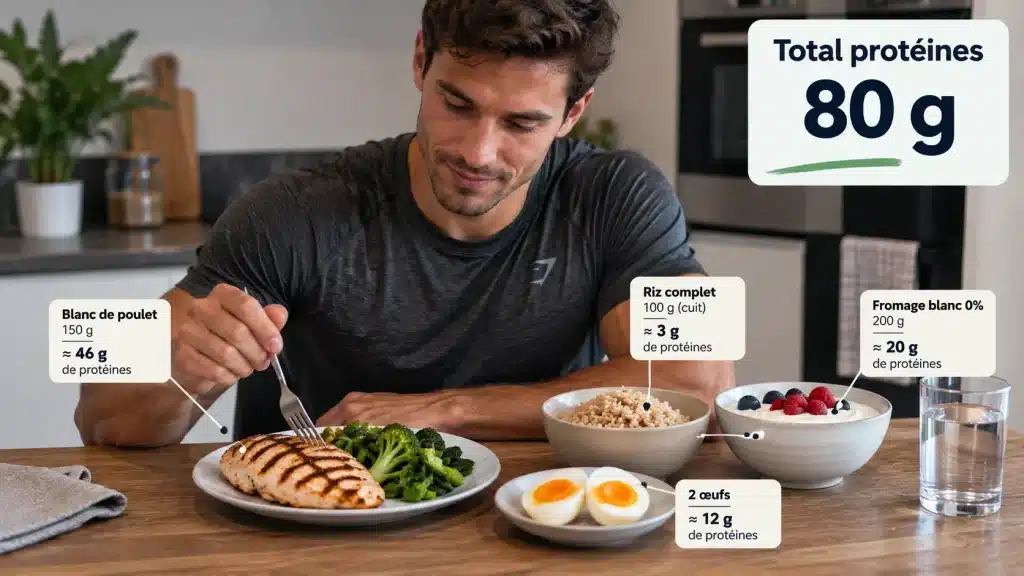 Exemple de repas contenant environ 80 g de protéines avec poulet, œufs et fromage blanc
