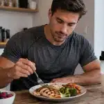 Homme mangeant un repas riche en protéines avec poulet, riz et légumes