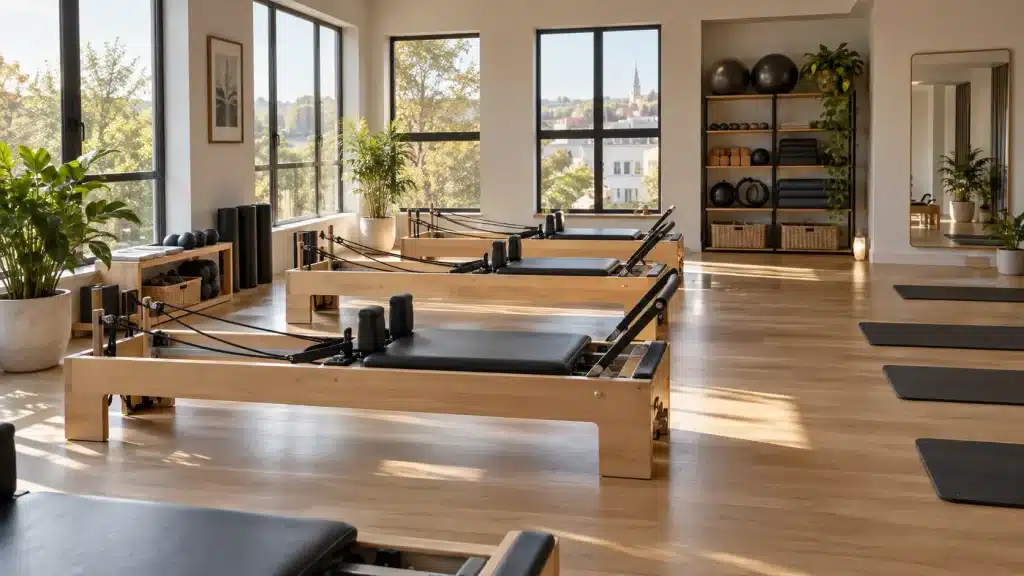 Salle de Pilates lumineuse avec reformers en bois, tapis et accessoires rangés