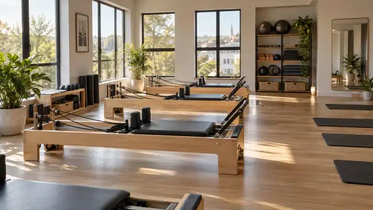 Salle de Pilates lumineuse avec reformers en bois, tapis et accessoires rangés
